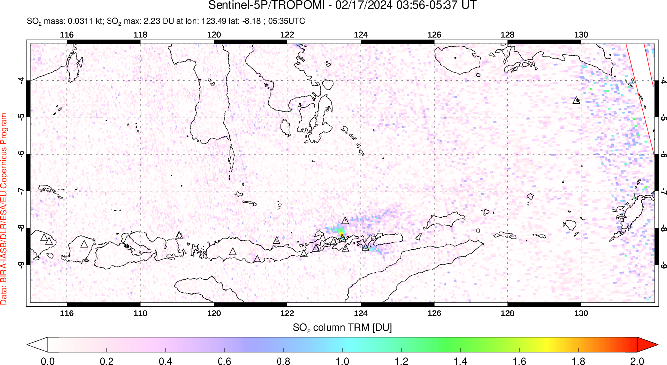 A sulfur dioxide image over Lesser Sunda Islands, Indonesia on Feb 17, 2024.