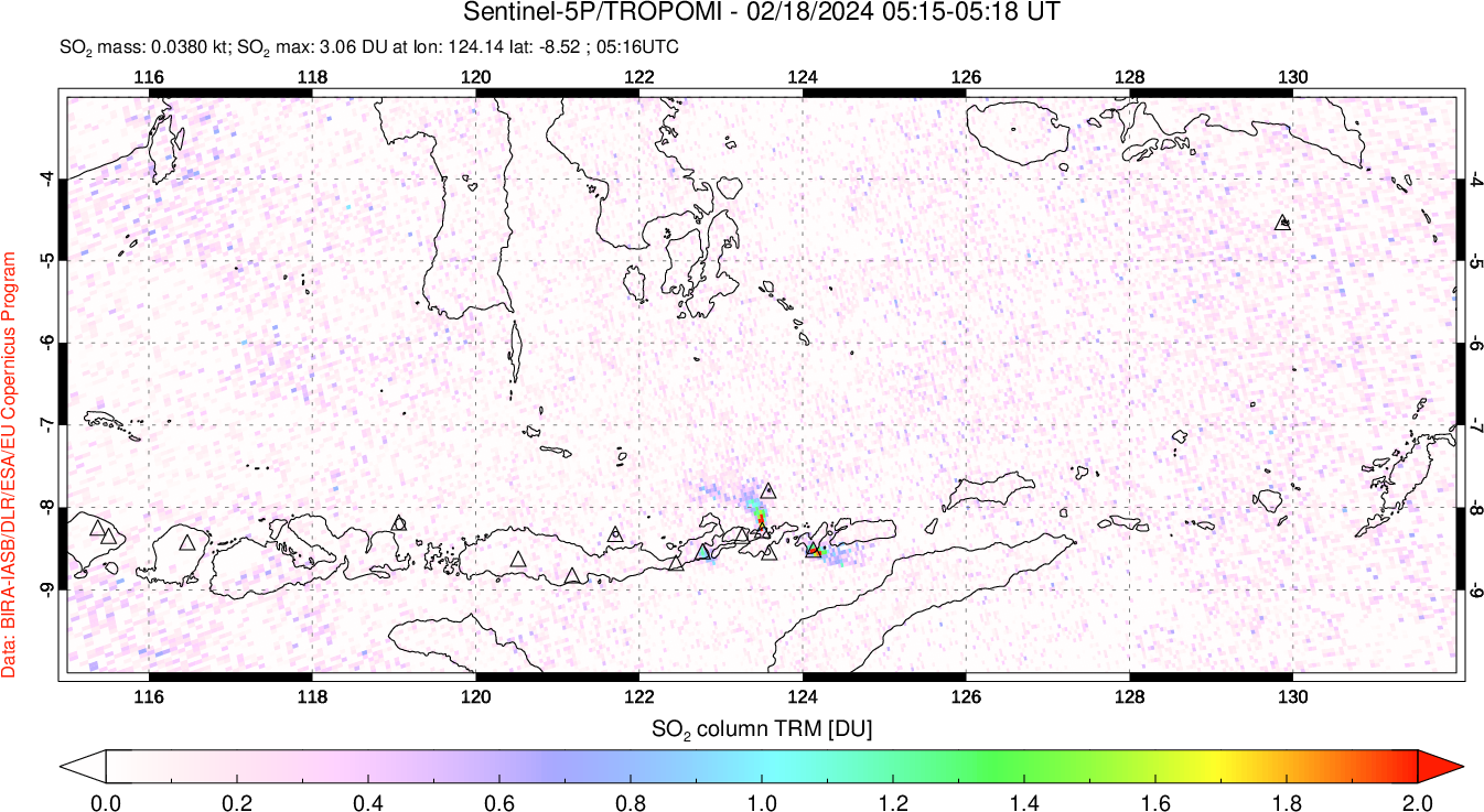 A sulfur dioxide image over Lesser Sunda Islands, Indonesia on Feb 18, 2024.