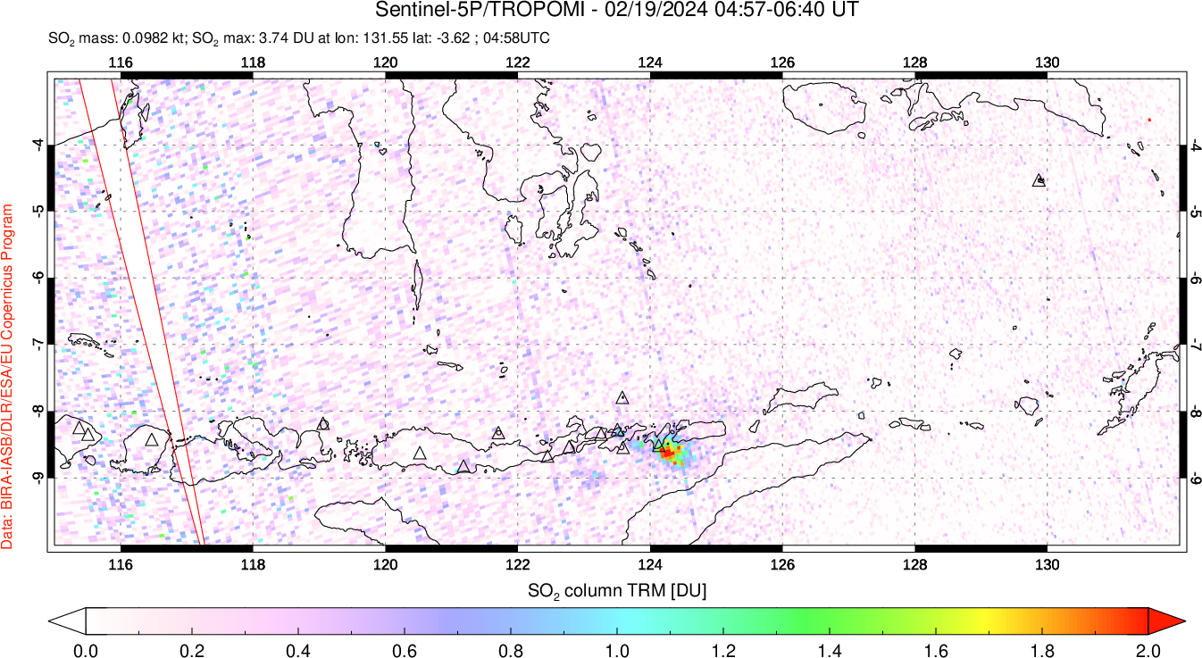 A sulfur dioxide image over Lesser Sunda Islands, Indonesia on Feb 19, 2024.