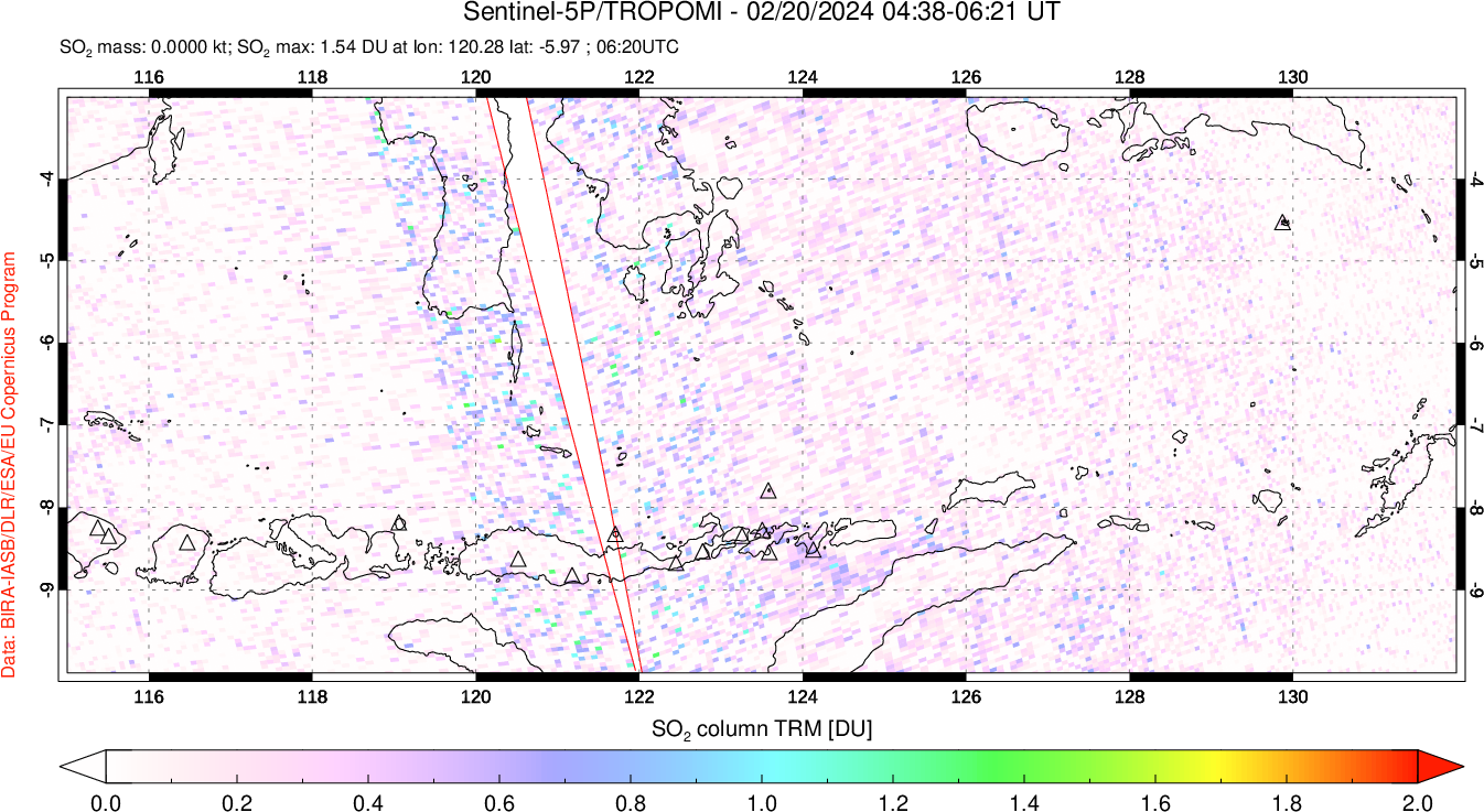 A sulfur dioxide image over Lesser Sunda Islands, Indonesia on Feb 20, 2024.