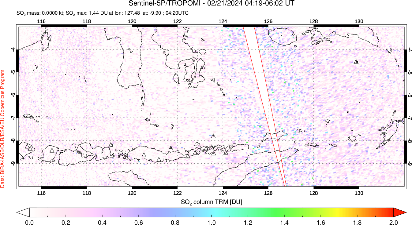 A sulfur dioxide image over Lesser Sunda Islands, Indonesia on Feb 21, 2024.