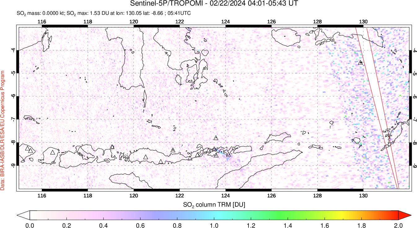 A sulfur dioxide image over Lesser Sunda Islands, Indonesia on Feb 22, 2024.