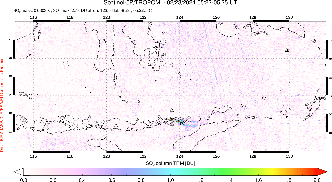 A sulfur dioxide image over Lesser Sunda Islands, Indonesia on Feb 23, 2024.