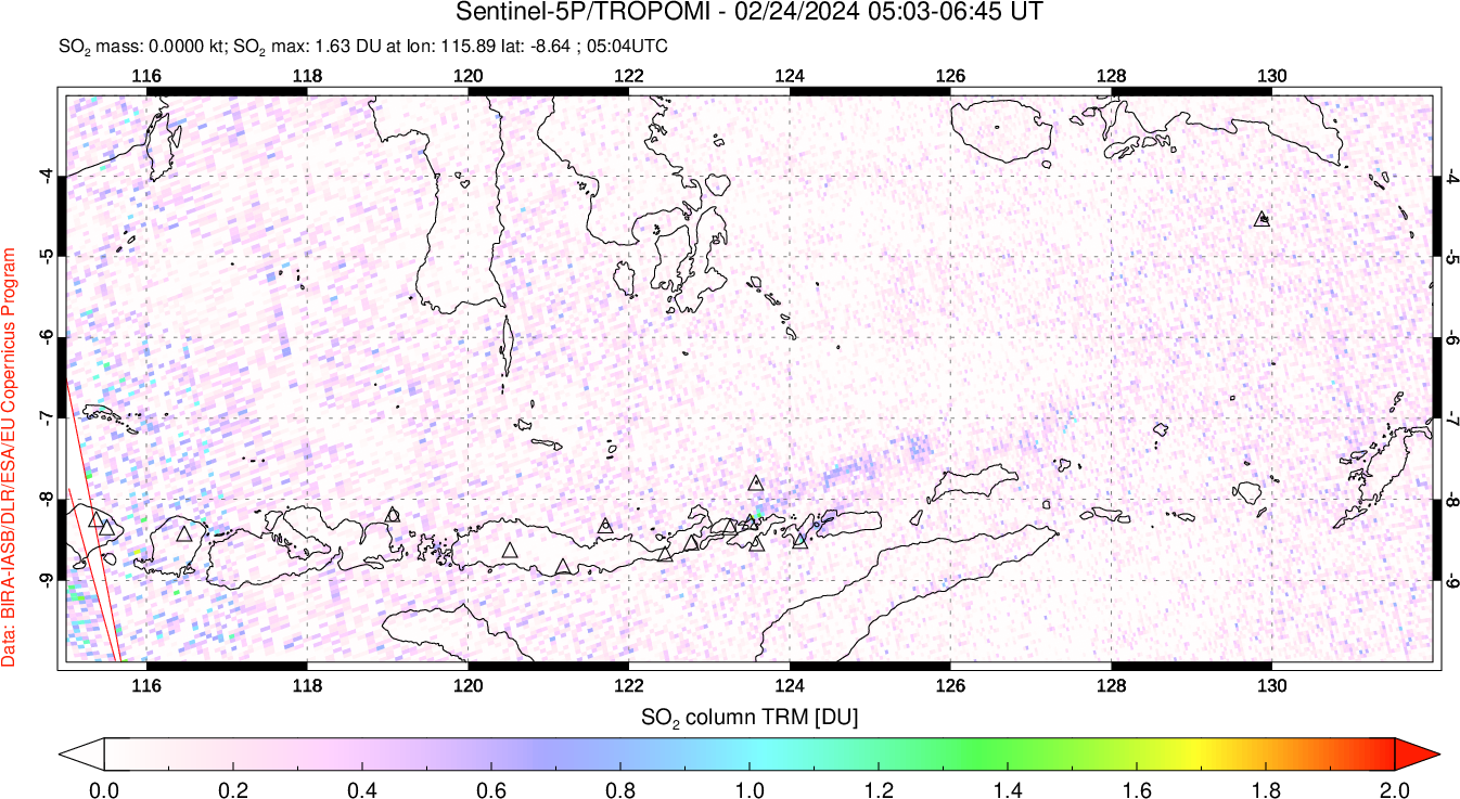 A sulfur dioxide image over Lesser Sunda Islands, Indonesia on Feb 24, 2024.