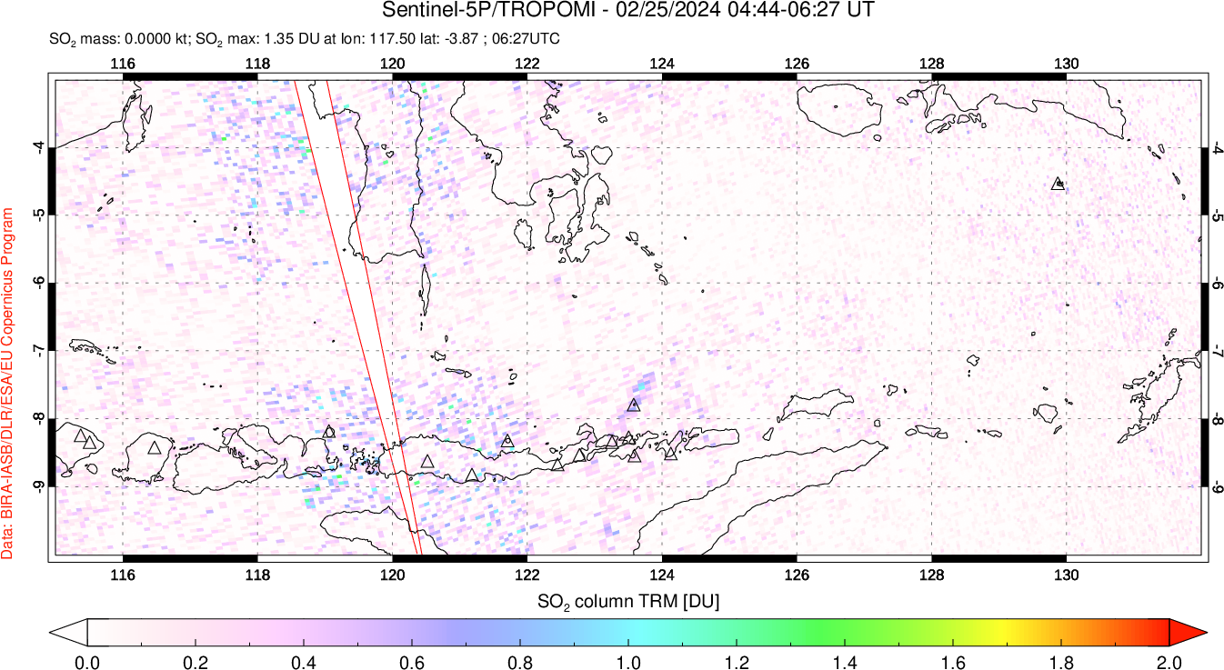 A sulfur dioxide image over Lesser Sunda Islands, Indonesia on Feb 25, 2024.