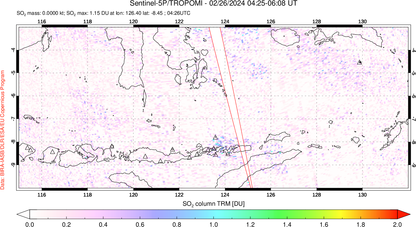 A sulfur dioxide image over Lesser Sunda Islands, Indonesia on Feb 26, 2024.