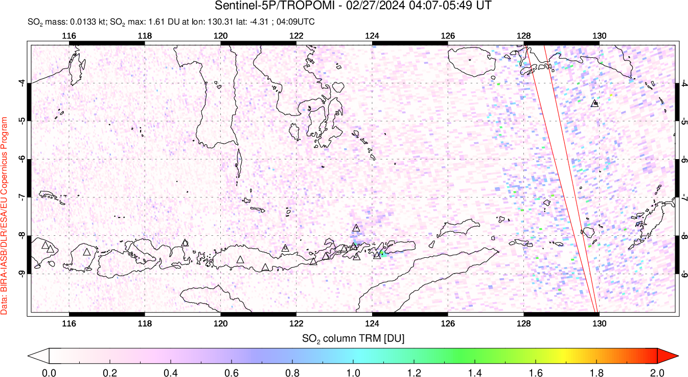 A sulfur dioxide image over Lesser Sunda Islands, Indonesia on Feb 27, 2024.