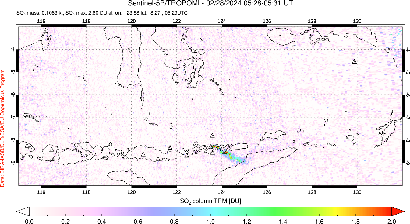 A sulfur dioxide image over Lesser Sunda Islands, Indonesia on Feb 28, 2024.