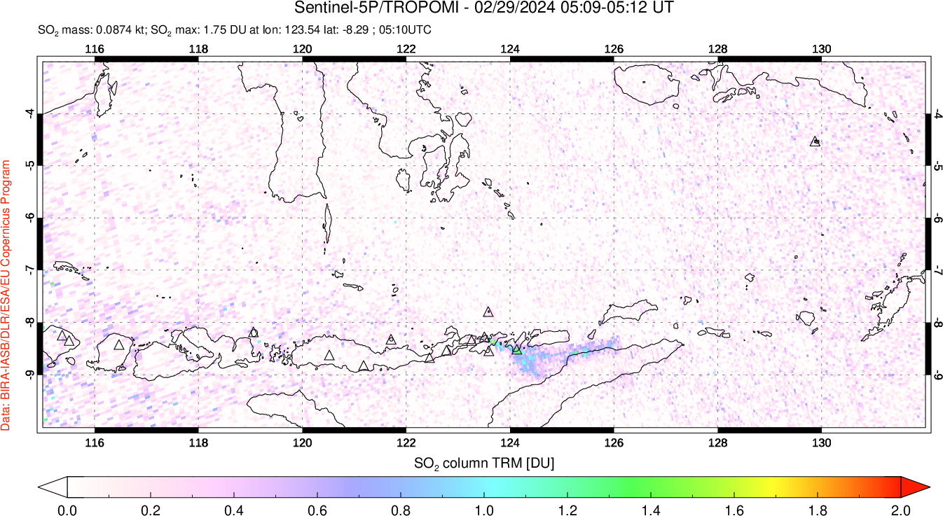 A sulfur dioxide image over Lesser Sunda Islands, Indonesia on Feb 29, 2024.