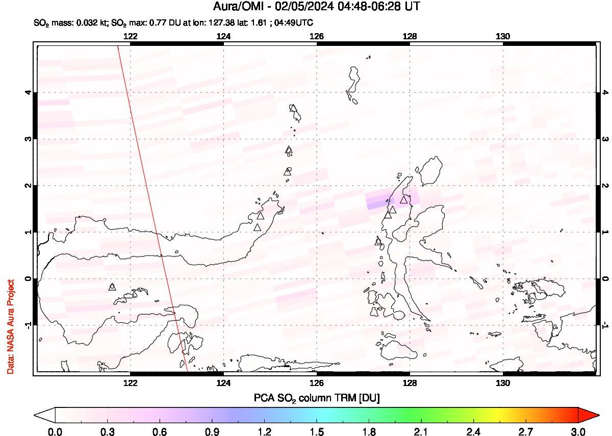 A sulfur dioxide image over Northern Sulawesi & Halmahera, Indonesia on Feb 05, 2024.