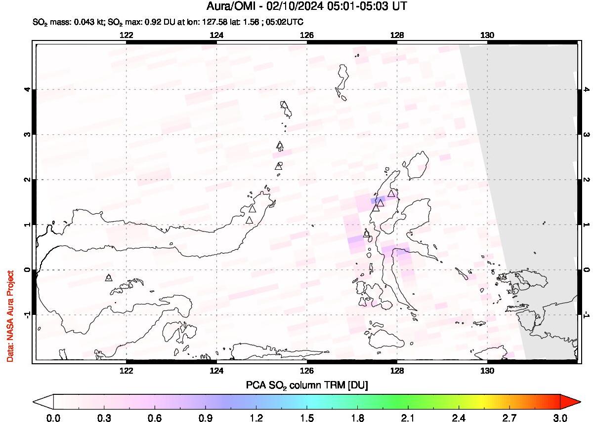 A sulfur dioxide image over Northern Sulawesi & Halmahera, Indonesia on Feb 10, 2024.