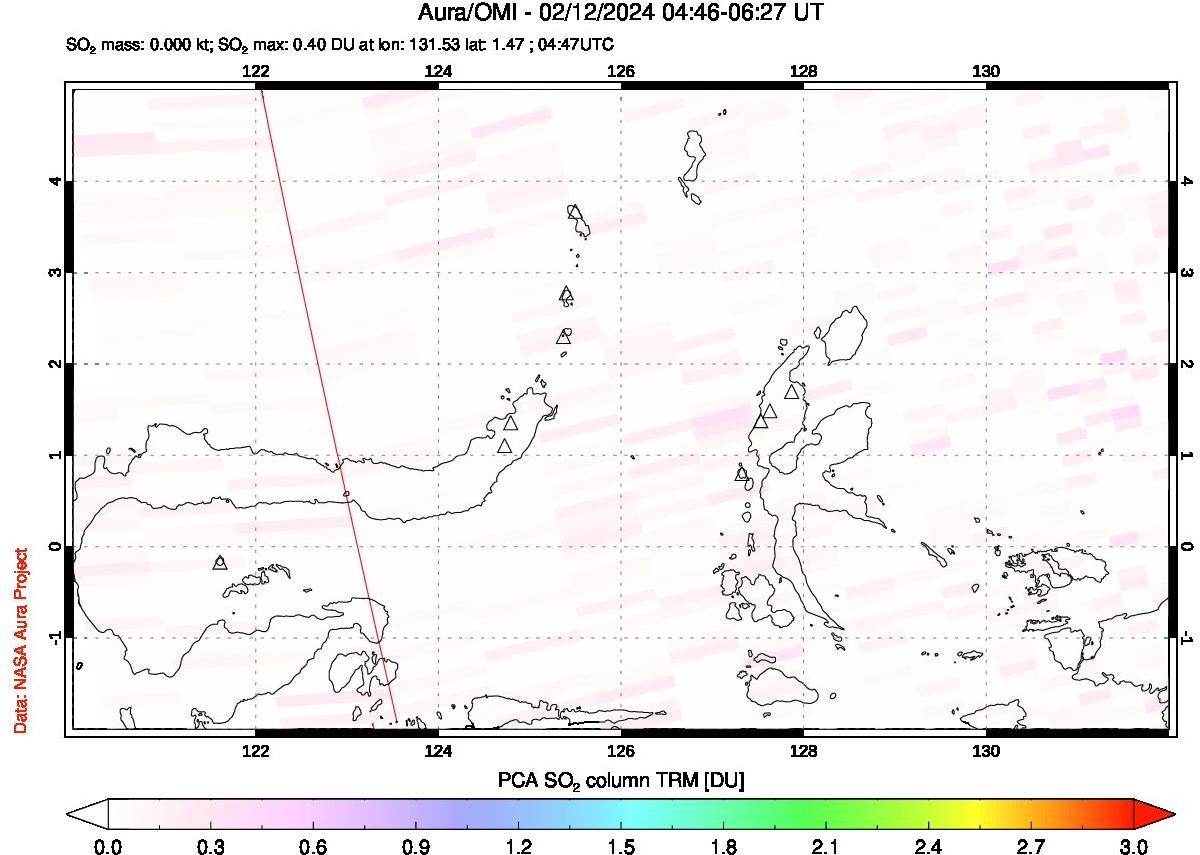 A sulfur dioxide image over Northern Sulawesi & Halmahera, Indonesia on Feb 12, 2024.