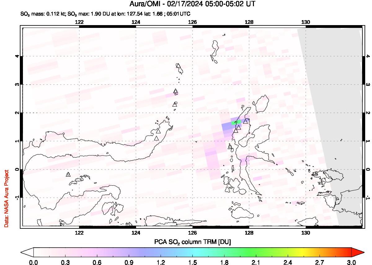 A sulfur dioxide image over Northern Sulawesi & Halmahera, Indonesia on Feb 17, 2024.