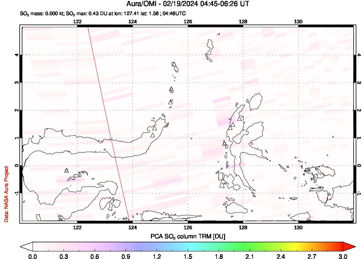 A sulfur dioxide image over Northern Sulawesi & Halmahera, Indonesia on Feb 19, 2024.