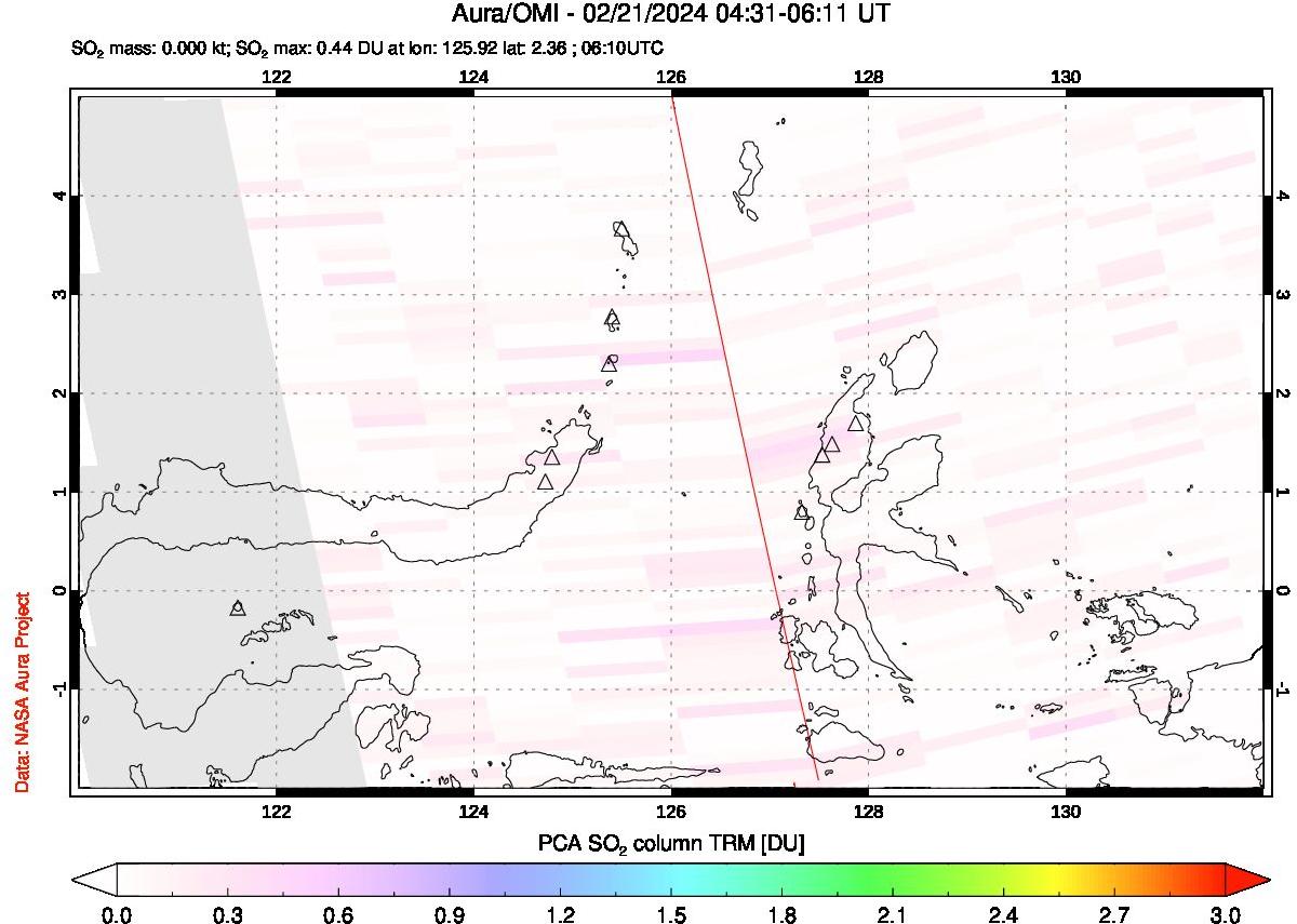 A sulfur dioxide image over Northern Sulawesi & Halmahera, Indonesia on Feb 21, 2024.