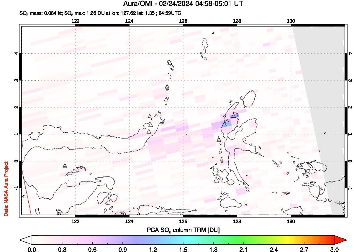 A sulfur dioxide image over Northern Sulawesi & Halmahera, Indonesia on Feb 24, 2024.