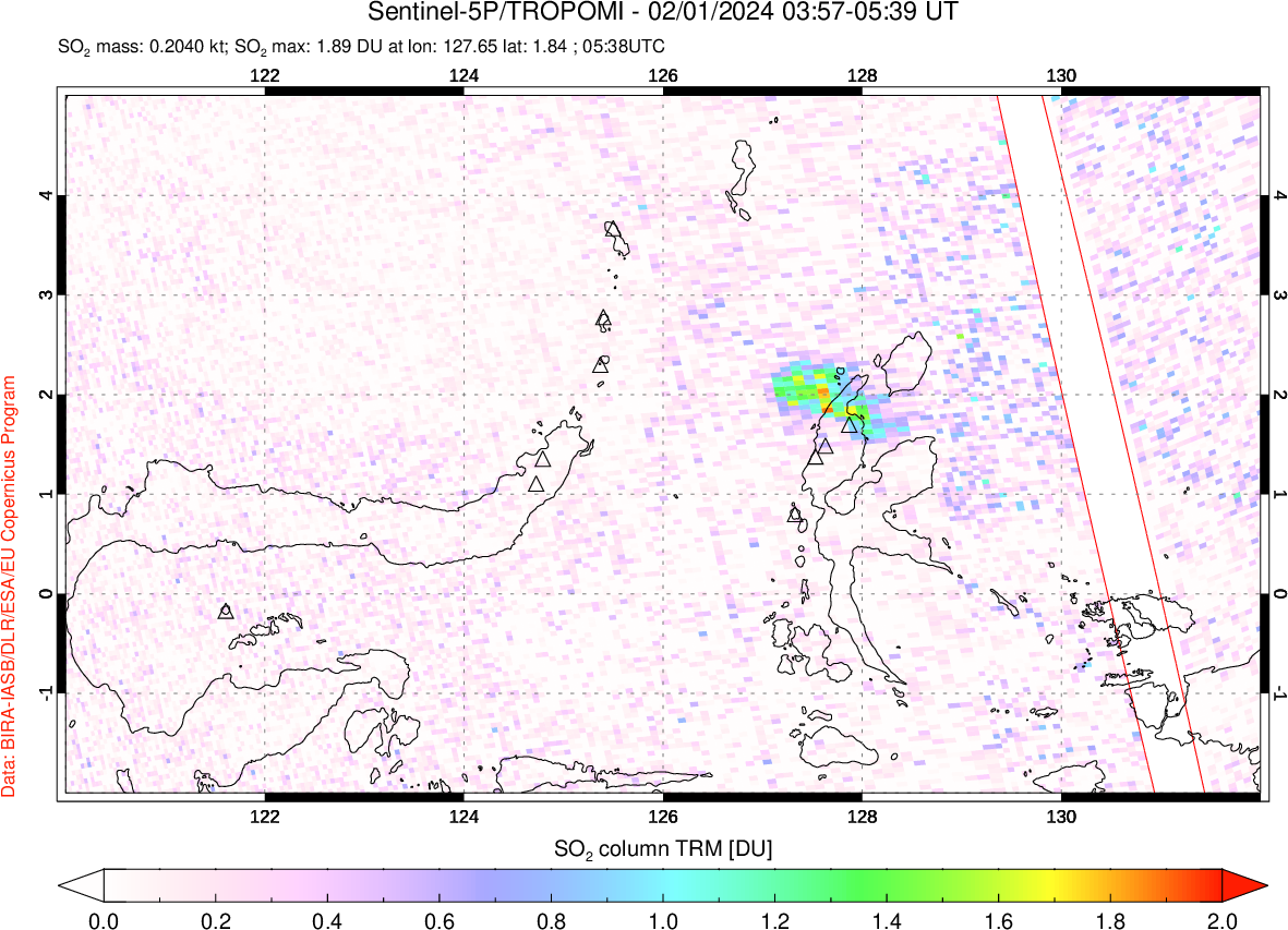 A sulfur dioxide image over Northern Sulawesi & Halmahera, Indonesia on Feb 01, 2024.