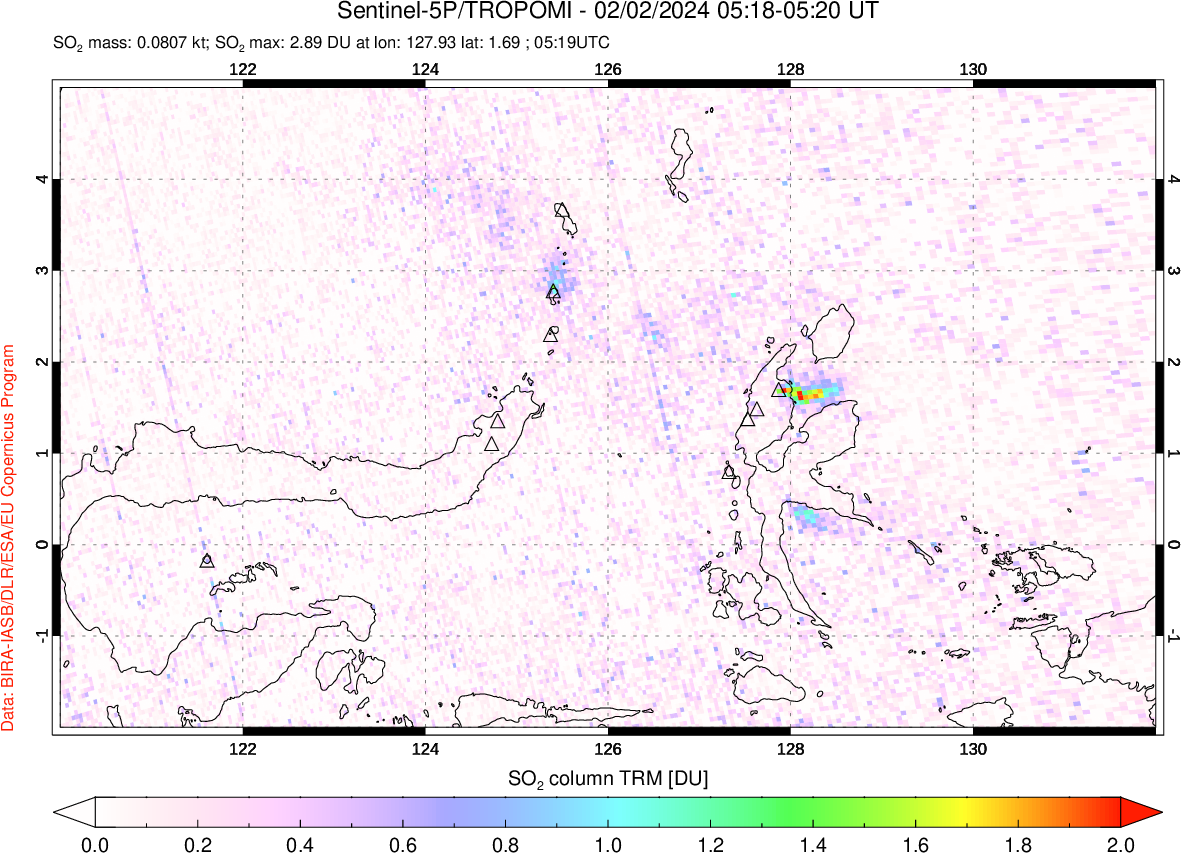 A sulfur dioxide image over Northern Sulawesi & Halmahera, Indonesia on Feb 02, 2024.