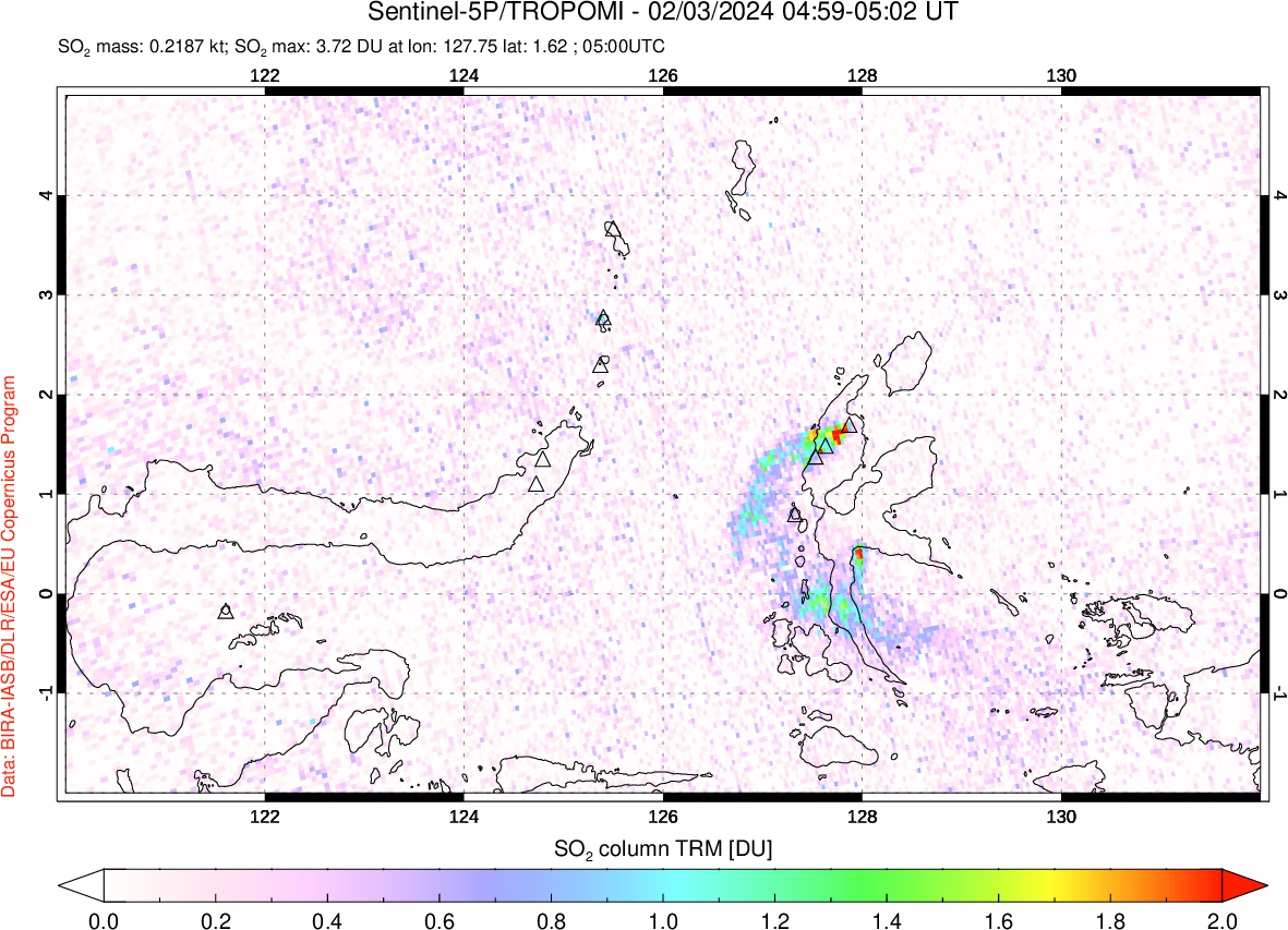 A sulfur dioxide image over Northern Sulawesi & Halmahera, Indonesia on Feb 03, 2024.