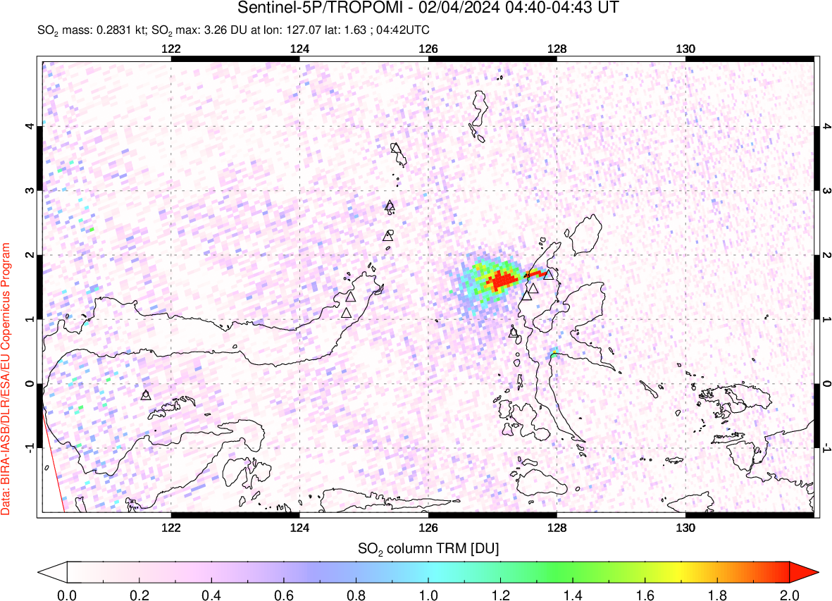 A sulfur dioxide image over Northern Sulawesi & Halmahera, Indonesia on Feb 04, 2024.