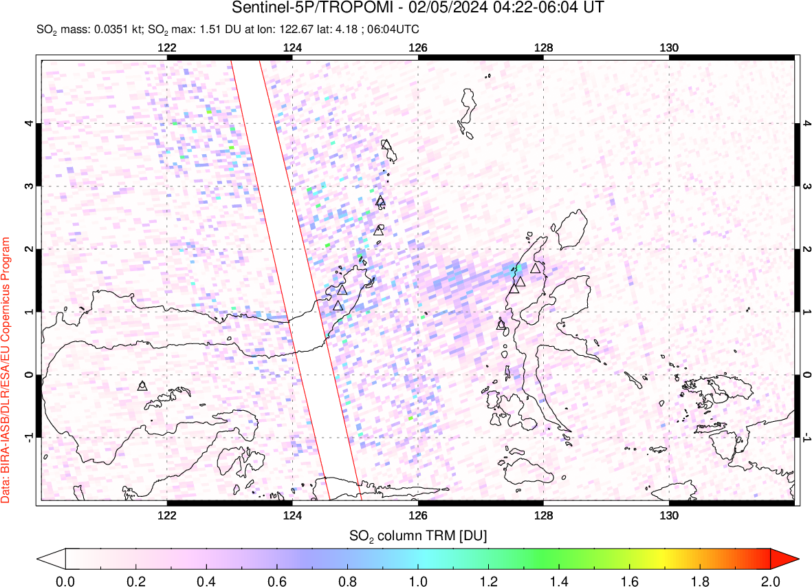 A sulfur dioxide image over Northern Sulawesi & Halmahera, Indonesia on Feb 05, 2024.