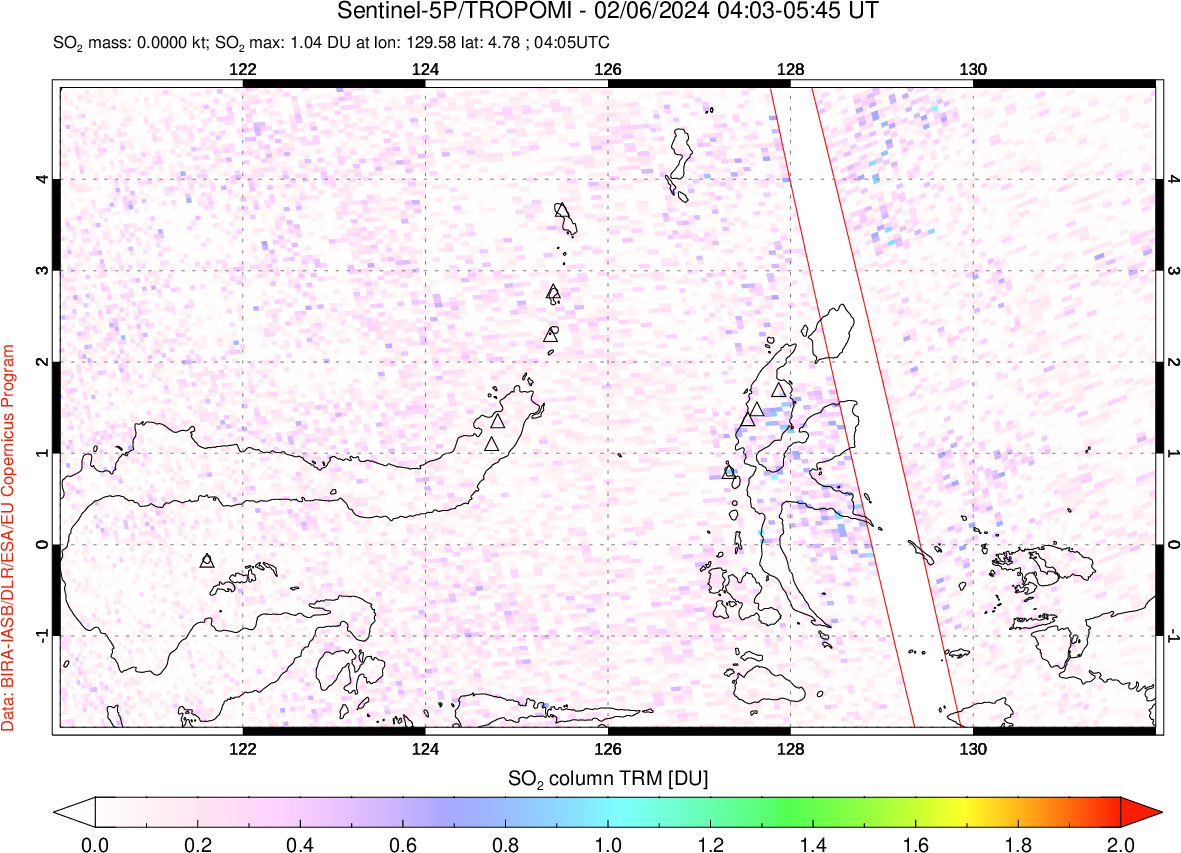 A sulfur dioxide image over Northern Sulawesi & Halmahera, Indonesia on Feb 06, 2024.