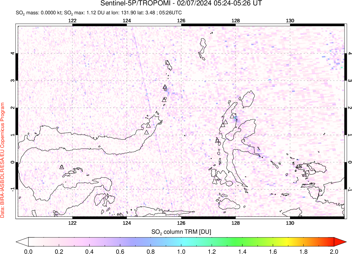 A sulfur dioxide image over Northern Sulawesi & Halmahera, Indonesia on Feb 07, 2024.