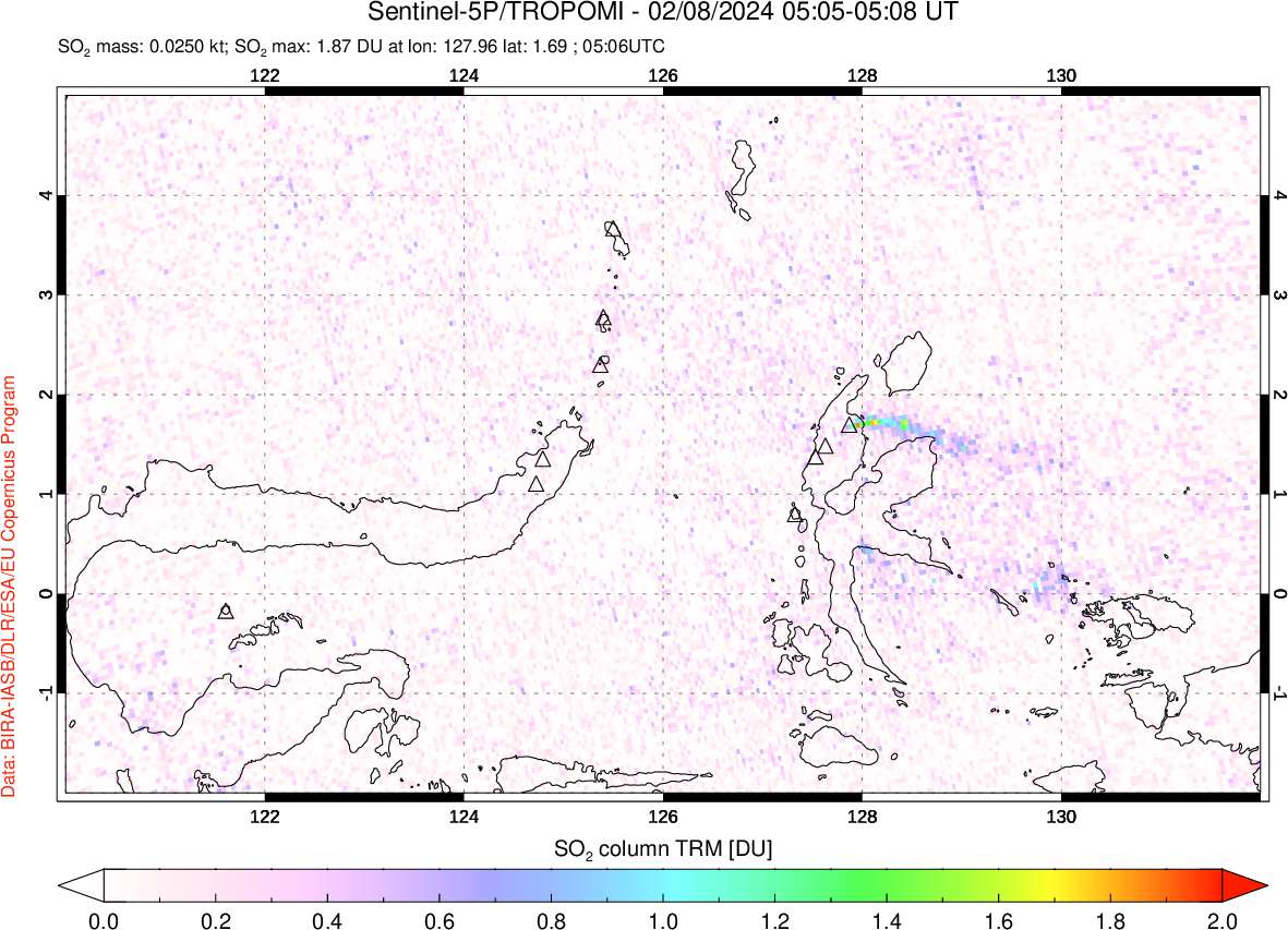 A sulfur dioxide image over Northern Sulawesi & Halmahera, Indonesia on Feb 08, 2024.