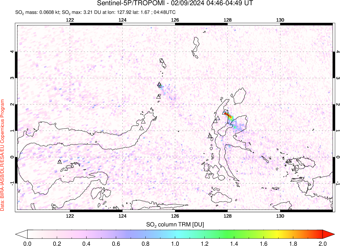 A sulfur dioxide image over Northern Sulawesi & Halmahera, Indonesia on Feb 09, 2024.