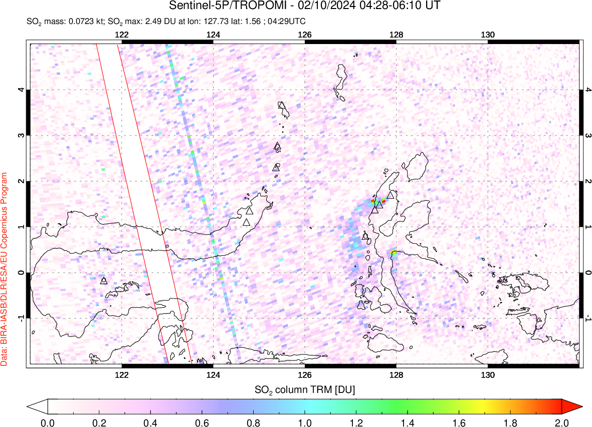 A sulfur dioxide image over Northern Sulawesi & Halmahera, Indonesia on Feb 10, 2024.