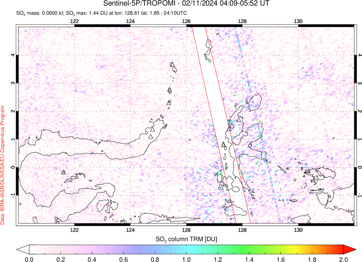 A sulfur dioxide image over Northern Sulawesi & Halmahera, Indonesia on Feb 11, 2024.