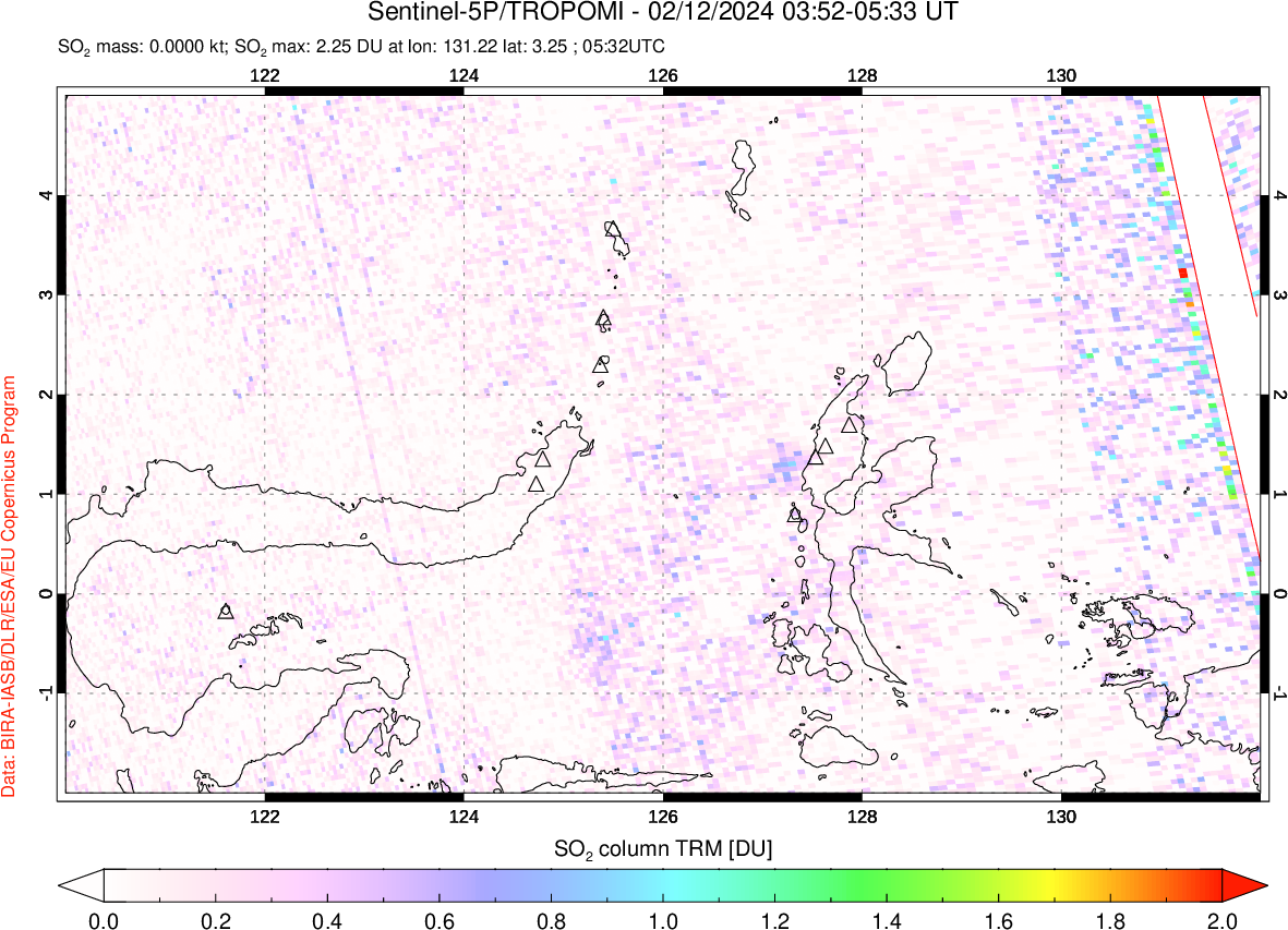 A sulfur dioxide image over Northern Sulawesi & Halmahera, Indonesia on Feb 12, 2024.