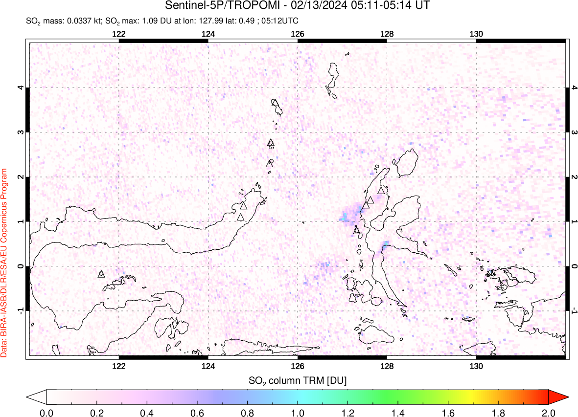 A sulfur dioxide image over Northern Sulawesi & Halmahera, Indonesia on Feb 13, 2024.