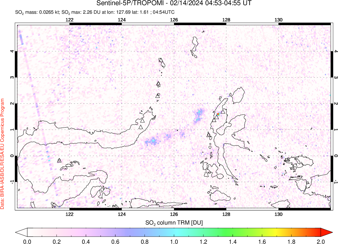 A sulfur dioxide image over Northern Sulawesi & Halmahera, Indonesia on Feb 14, 2024.