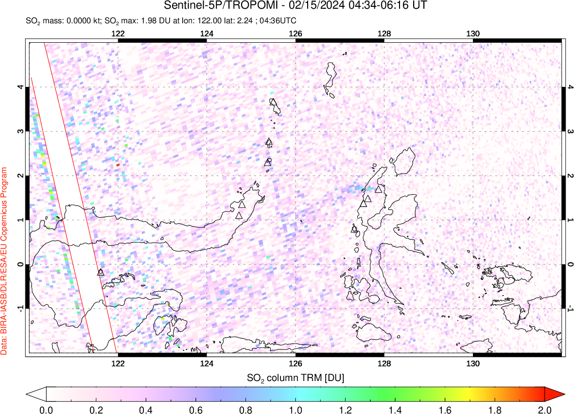 A sulfur dioxide image over Northern Sulawesi & Halmahera, Indonesia on Feb 15, 2024.