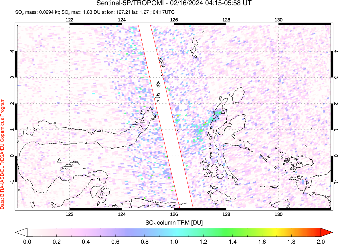 A sulfur dioxide image over Northern Sulawesi & Halmahera, Indonesia on Feb 16, 2024.