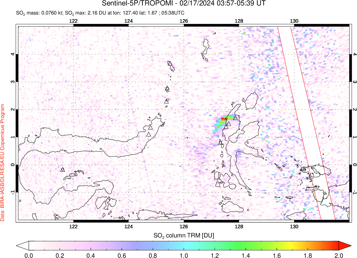 A sulfur dioxide image over Northern Sulawesi & Halmahera, Indonesia on Feb 17, 2024.