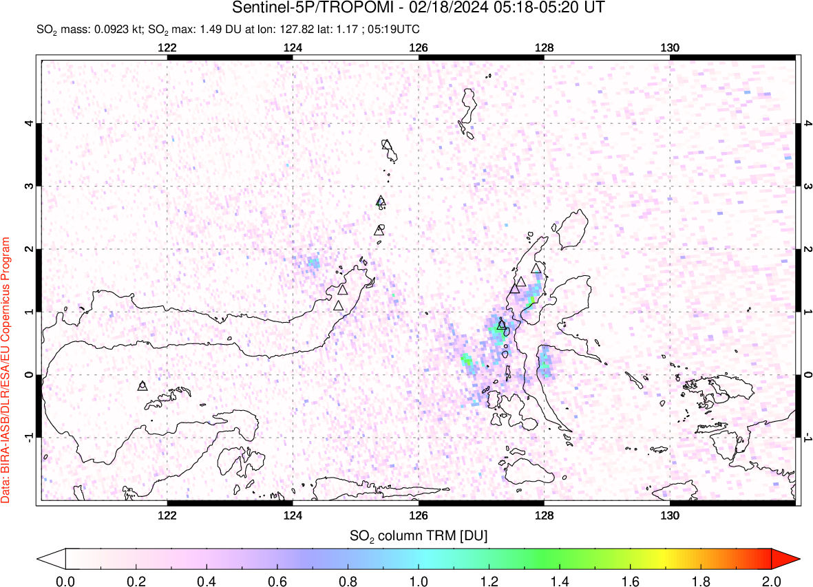 A sulfur dioxide image over Northern Sulawesi & Halmahera, Indonesia on Feb 18, 2024.