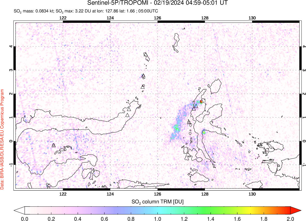 A sulfur dioxide image over Northern Sulawesi & Halmahera, Indonesia on Feb 19, 2024.