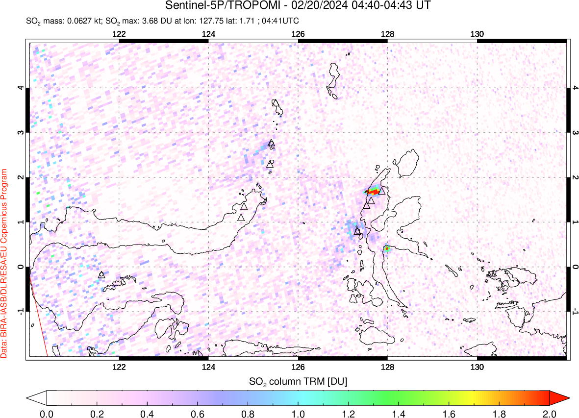 A sulfur dioxide image over Northern Sulawesi & Halmahera, Indonesia on Feb 20, 2024.