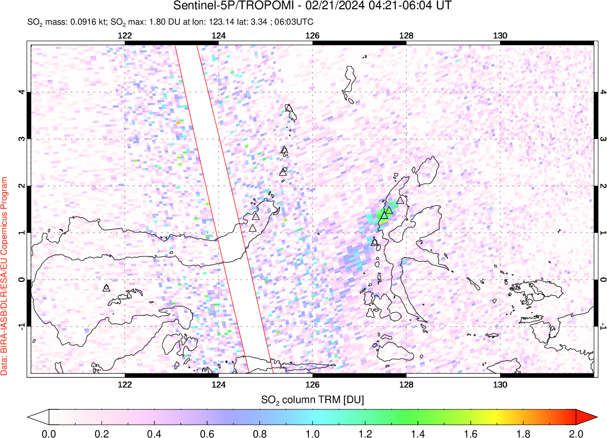 A sulfur dioxide image over Northern Sulawesi & Halmahera, Indonesia on Feb 21, 2024.