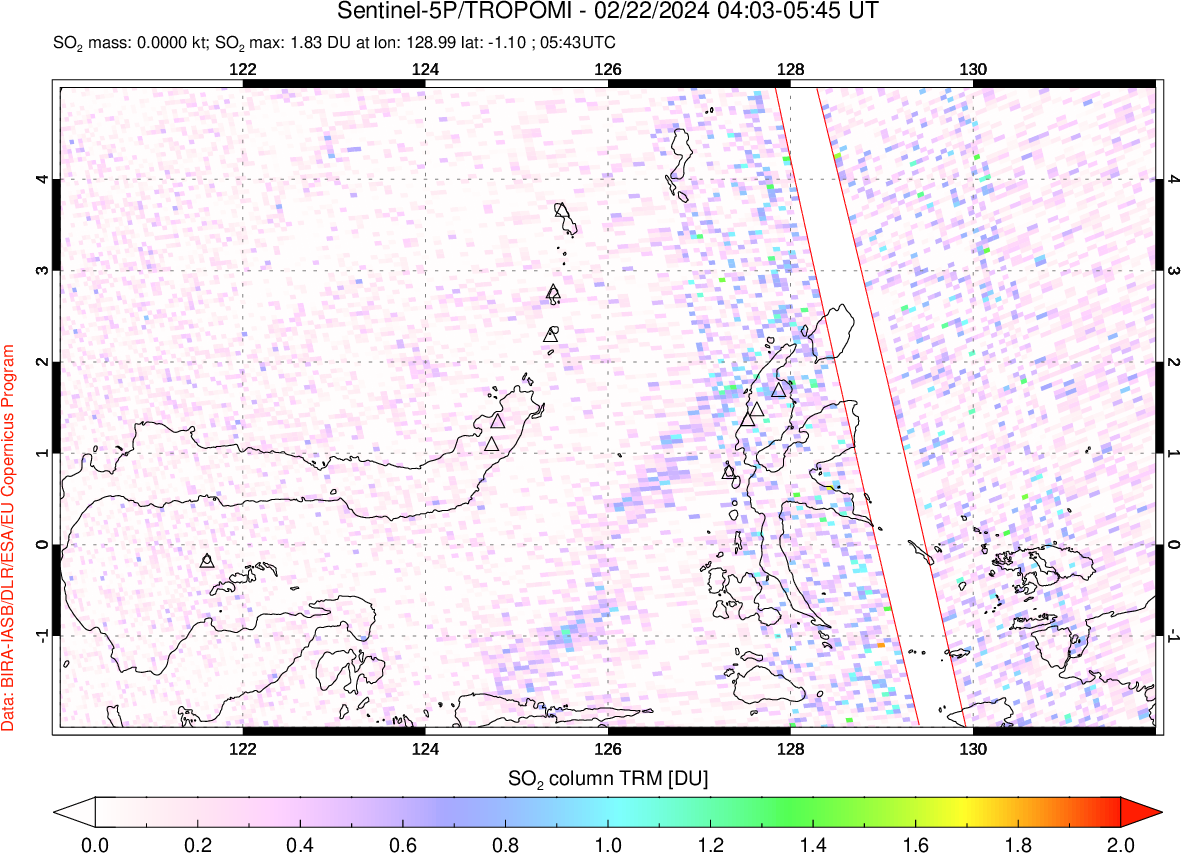 A sulfur dioxide image over Northern Sulawesi & Halmahera, Indonesia on Feb 22, 2024.