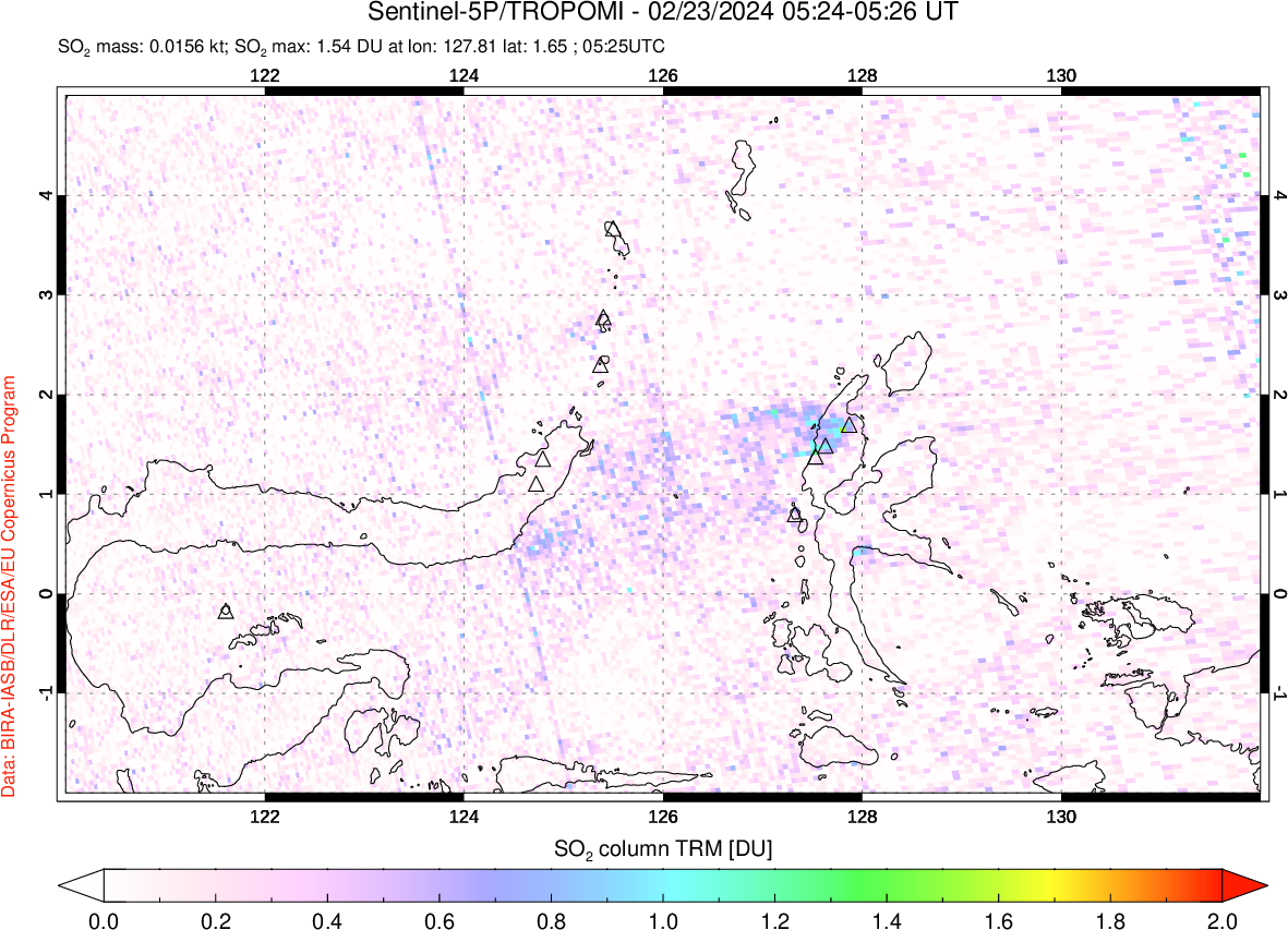 A sulfur dioxide image over Northern Sulawesi & Halmahera, Indonesia on Feb 23, 2024.