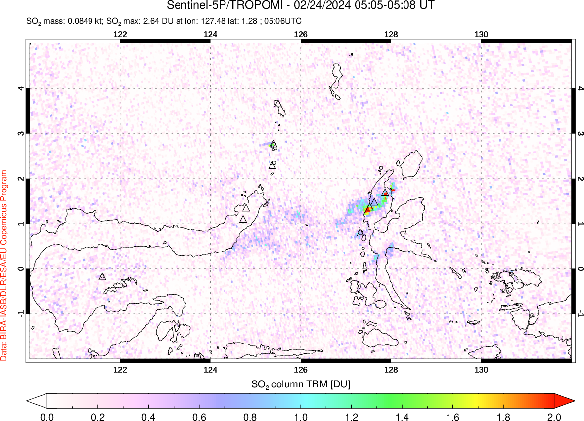 A sulfur dioxide image over Northern Sulawesi & Halmahera, Indonesia on Feb 24, 2024.