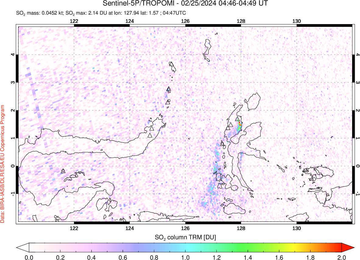 A sulfur dioxide image over Northern Sulawesi & Halmahera, Indonesia on Feb 25, 2024.