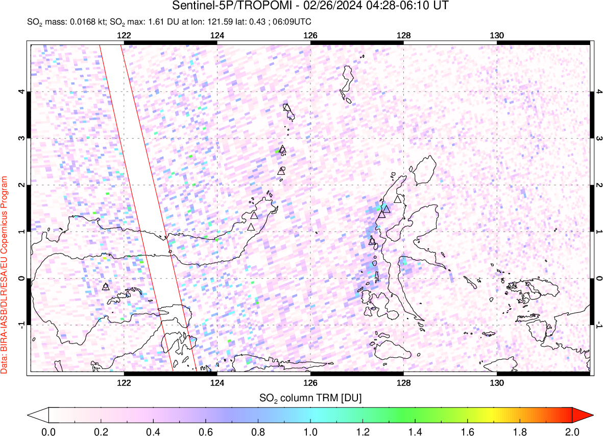 A sulfur dioxide image over Northern Sulawesi & Halmahera, Indonesia on Feb 26, 2024.