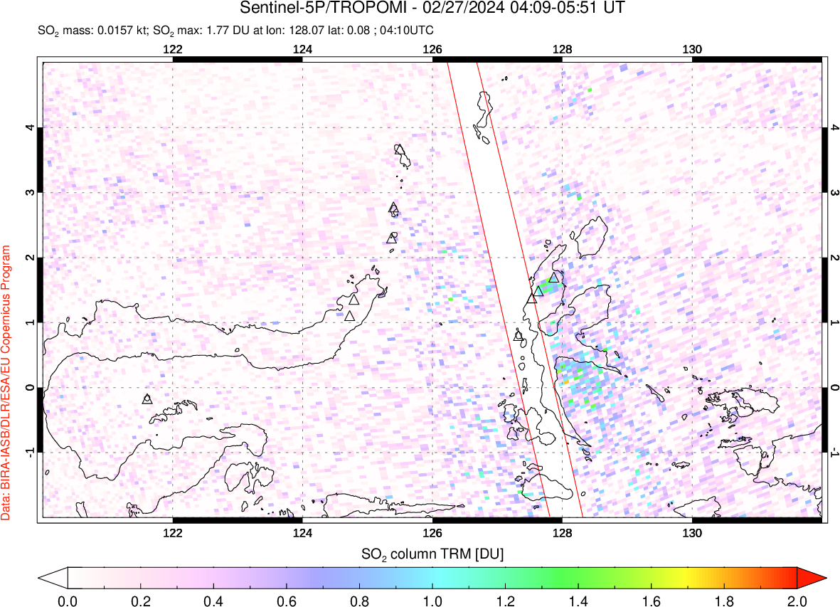 A sulfur dioxide image over Northern Sulawesi & Halmahera, Indonesia on Feb 27, 2024.