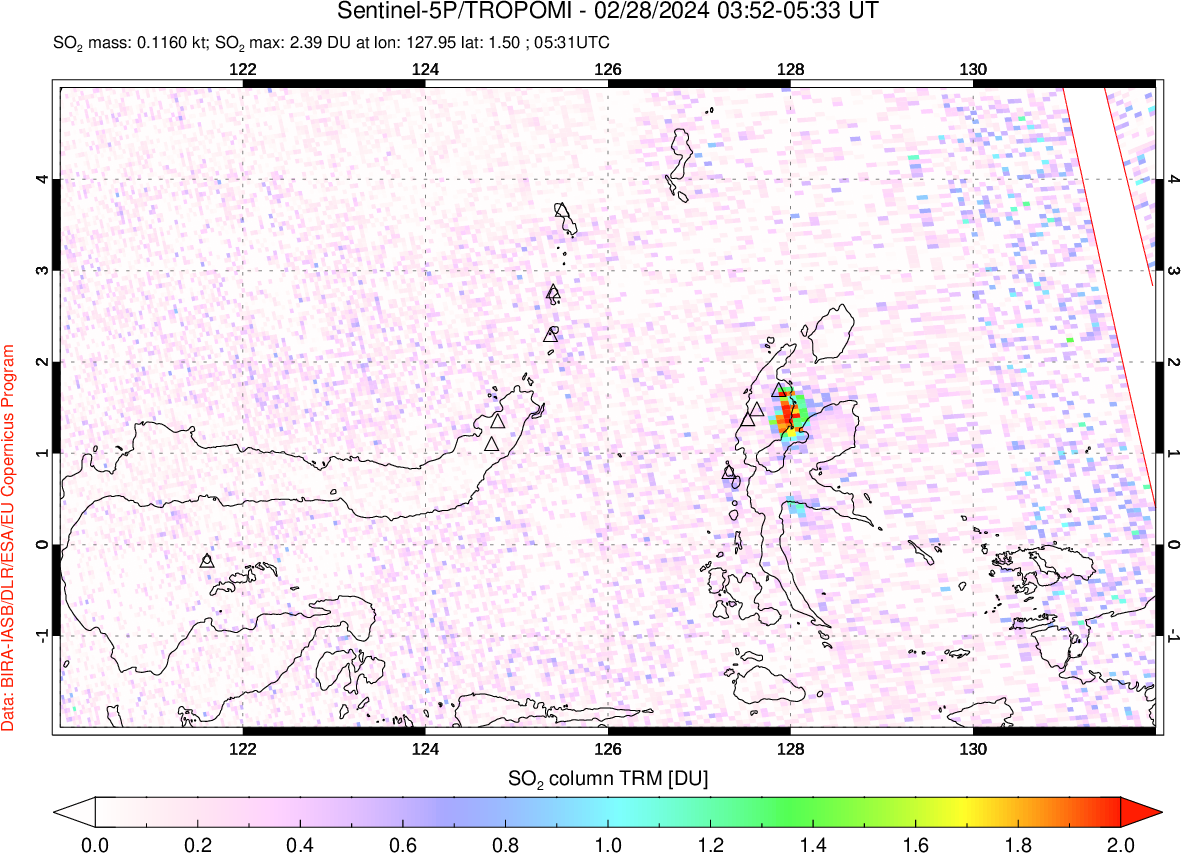 A sulfur dioxide image over Northern Sulawesi & Halmahera, Indonesia on Feb 28, 2024.