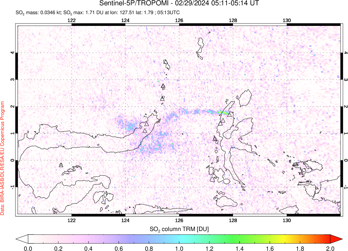 A sulfur dioxide image over Northern Sulawesi & Halmahera, Indonesia on Feb 29, 2024.