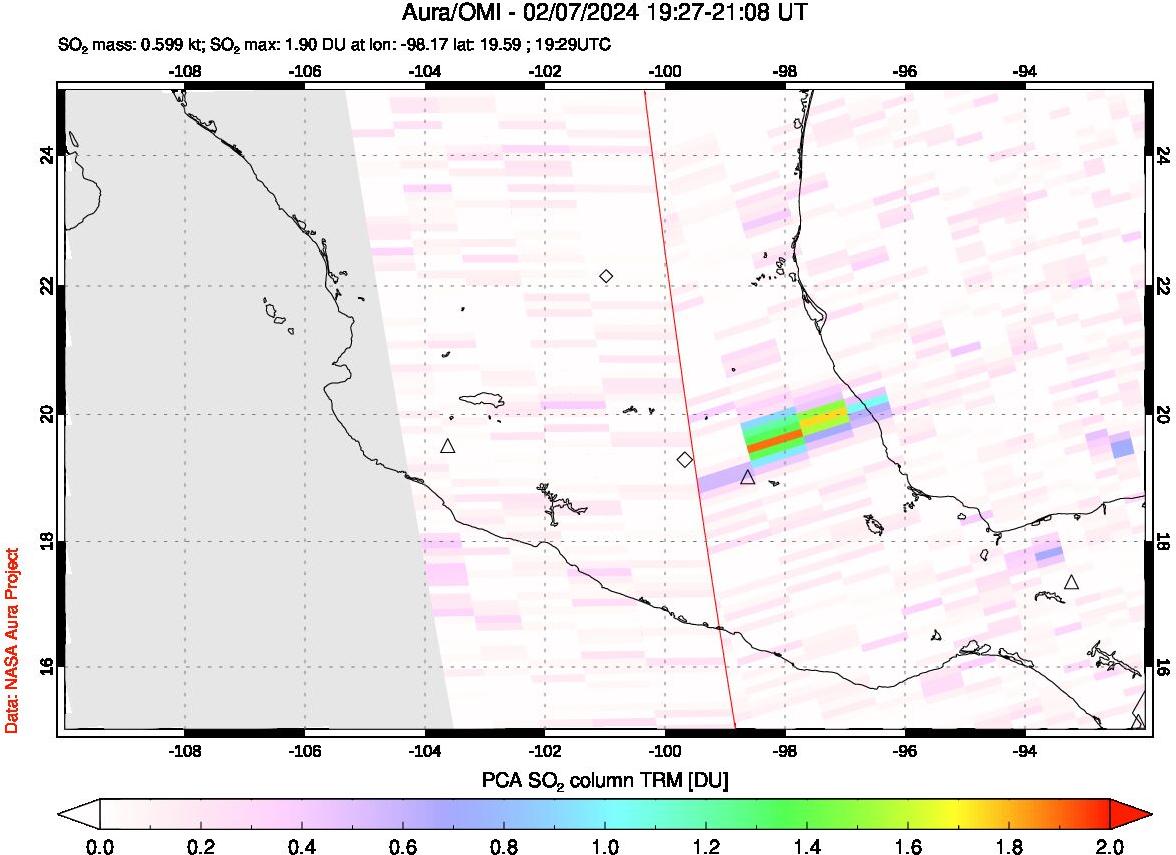 A sulfur dioxide image over Mexico on Feb 07, 2024.